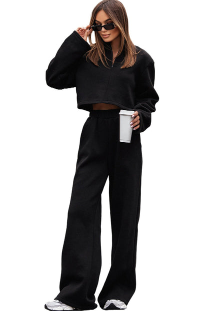 Zipped Collared Crop Top and Wide Leg Pants Set