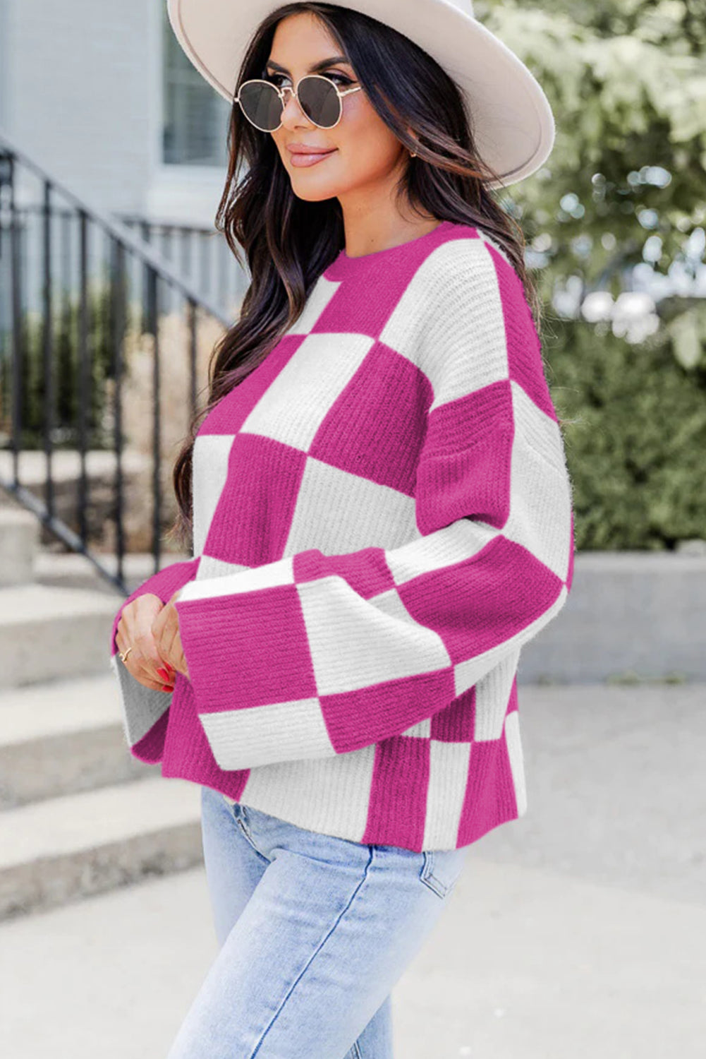 Checkered Round Neck Baggy Sweater