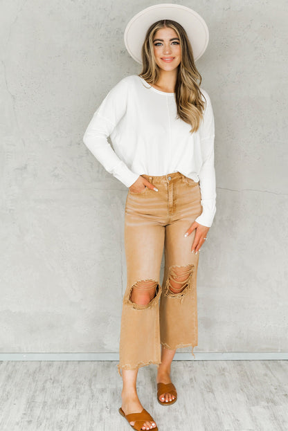 Distressed Hollow-out High Waist Cropped Flare Jeans