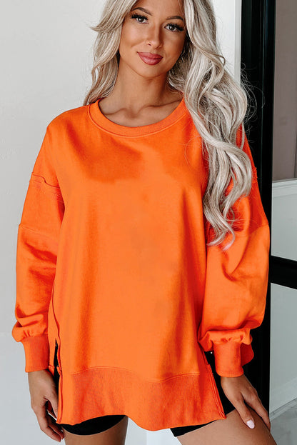 Seam Drop Shoulder Round Neck Sweatshirt with Slits