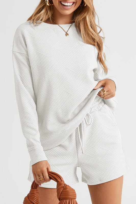 White Textured Long Sleeve Top and Drawstring Shorts Set