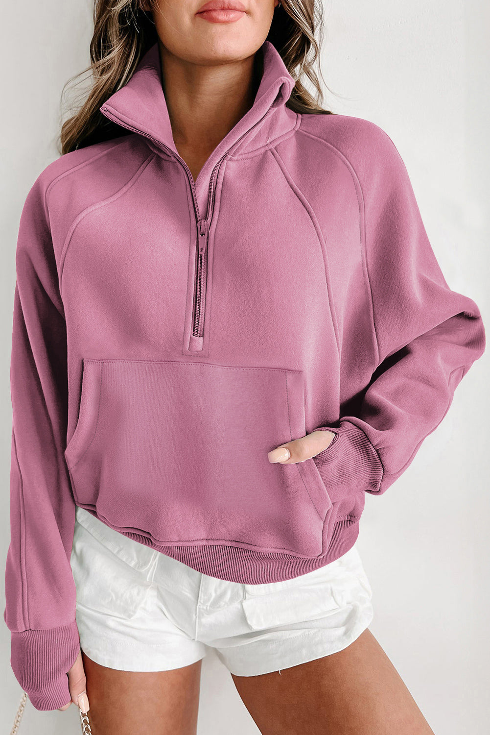 Fleece Lined Zip Up Stand Collar Thumbhole Sleeve Sweatshirt