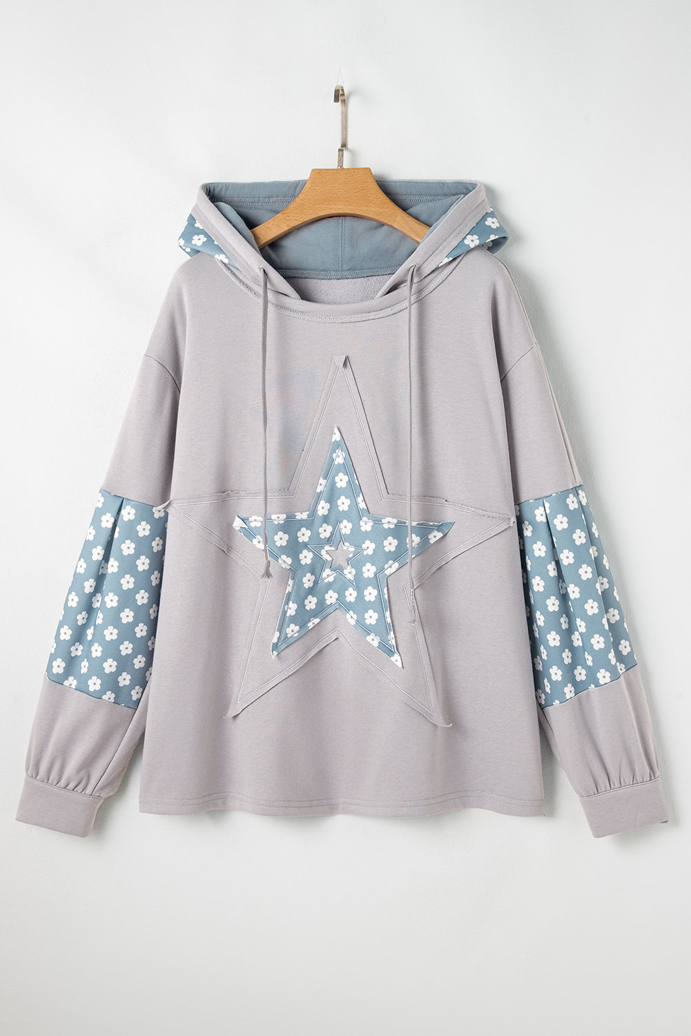 Beau Blue Floral Patchwork Star Pattern Drawstring Hoodie