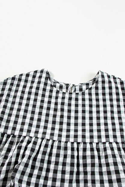 Checkered Puff Sleeve Tiered Loose Babydoll Blouse