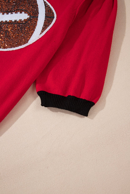 Red Sequin Color Block Puff Short Sleeve Sweater