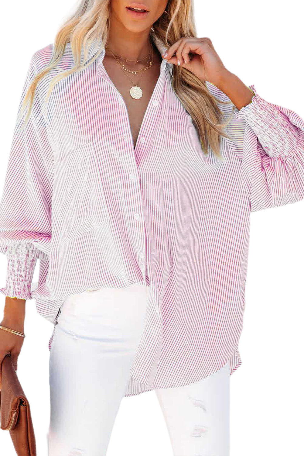 Pink Smocked Cuffed Striped Boyfriend Shirt with Pocket