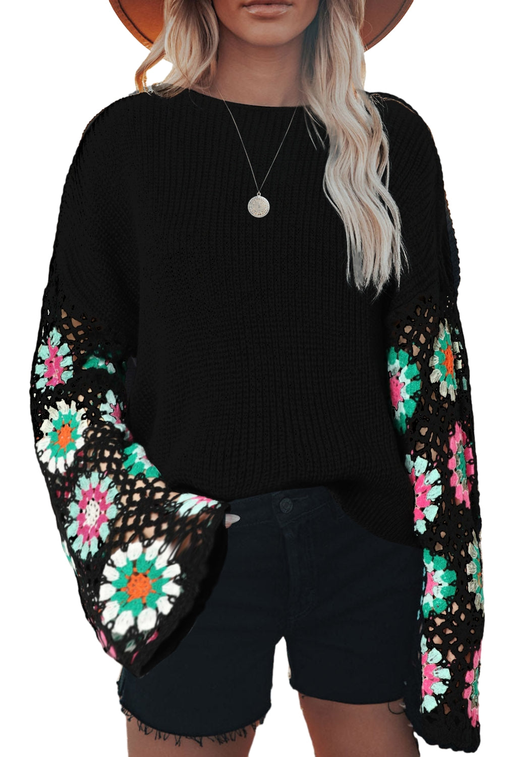 Floral Crochet Bell Sleeve Loose Sweater