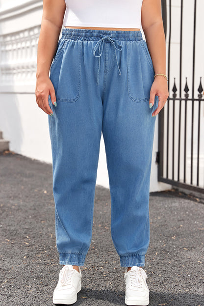 Mary; Drawstring Waist Pocketed Plus Size Denim Joggers