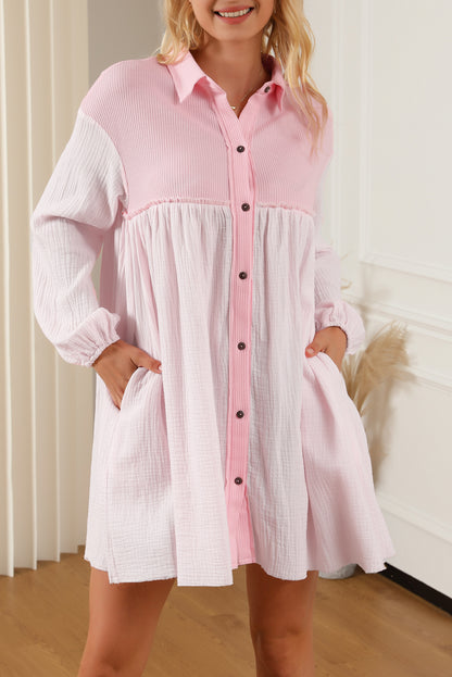 Pink Patchwork Crinkle Puff Sleeve Shirt Dress