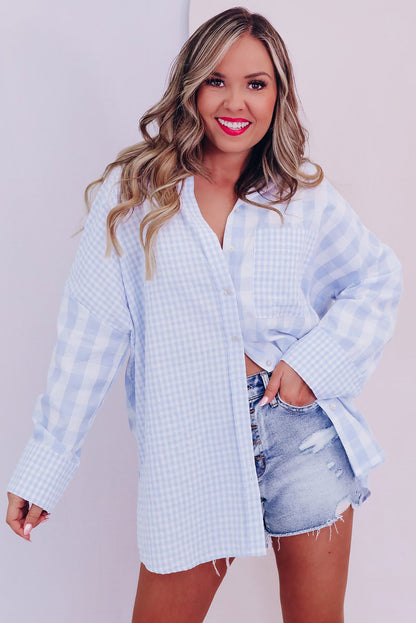 Sky Blue Mix Checked Patchwork Long Sleeve Shirt