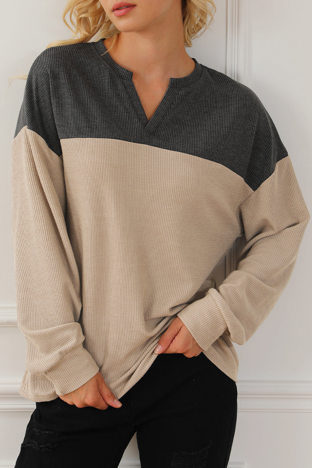 Notched Neck Colorblock Corded Sweatshirt