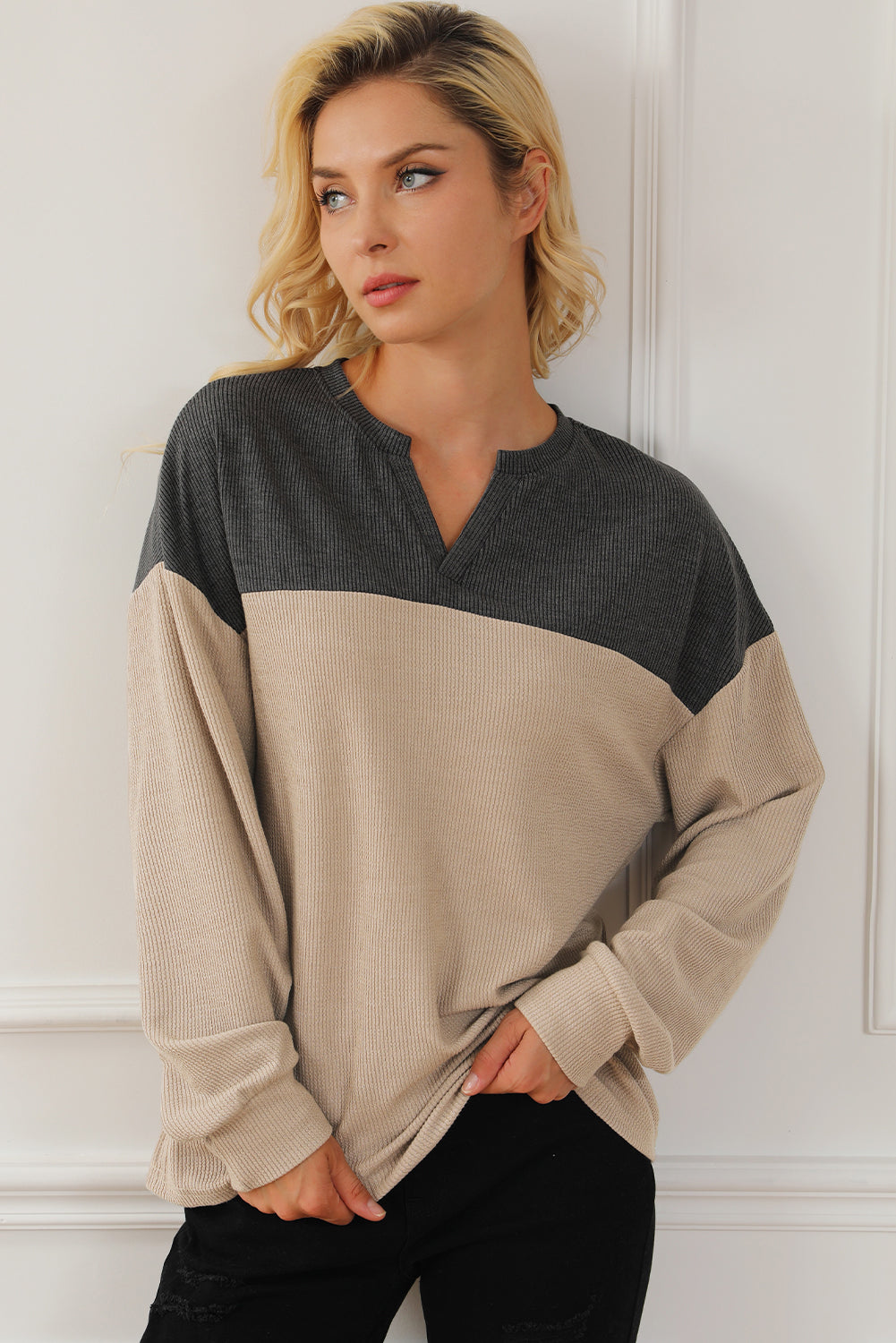 Notched Neck Colorblock Corded Sweatshirt