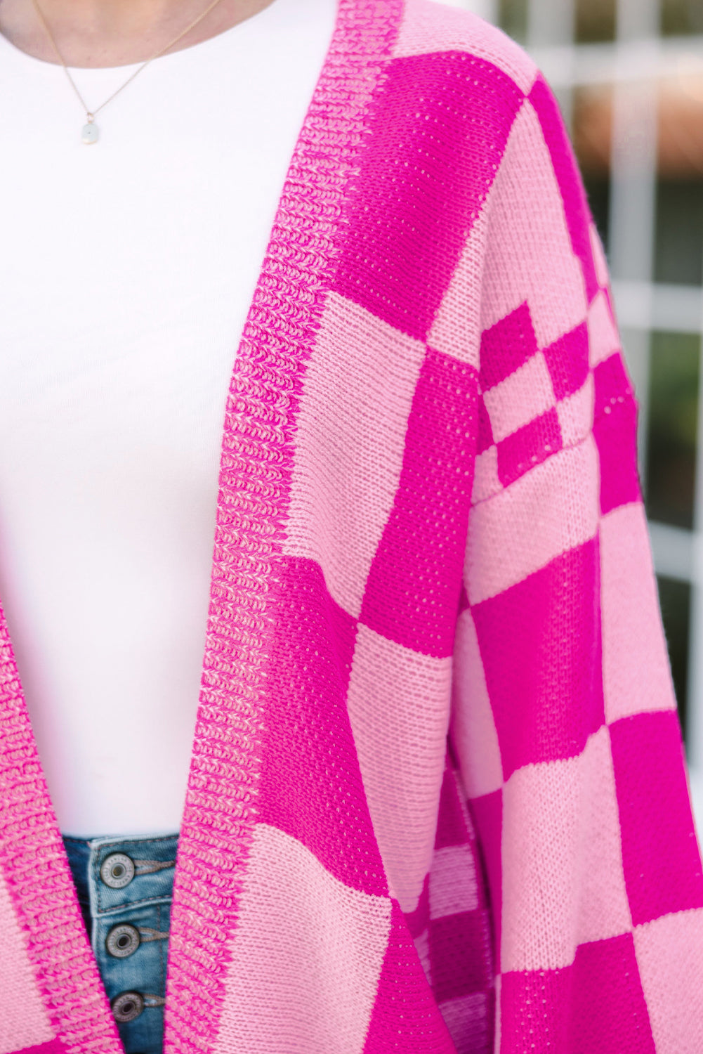 Bubblegum Pink Checkered Printed Ribbed Trim Open Front Cardigan