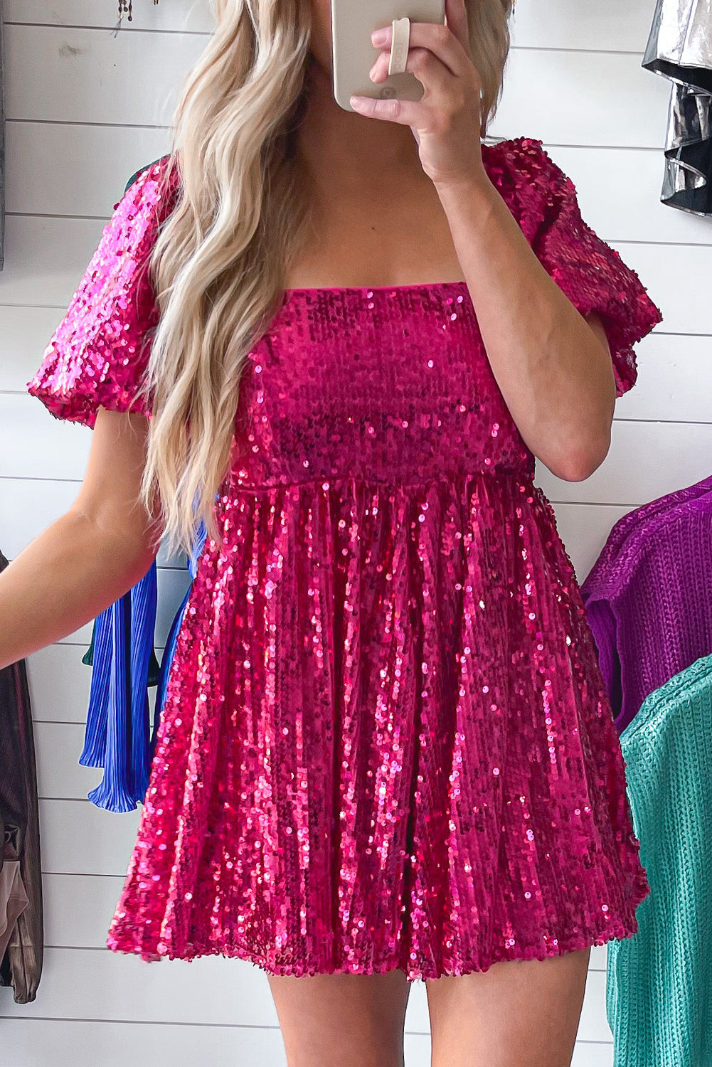 Pink Short Puff Sleeve Sequin Babydoll Romper