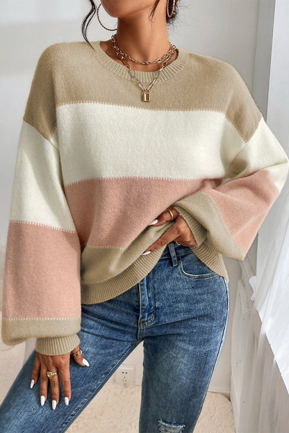 Color Block Lantern Sleeve Drop Shoulder Sweater