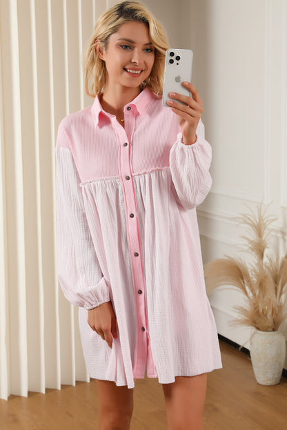 Pink Patchwork Crinkle Puff Sleeve Shirt Dress