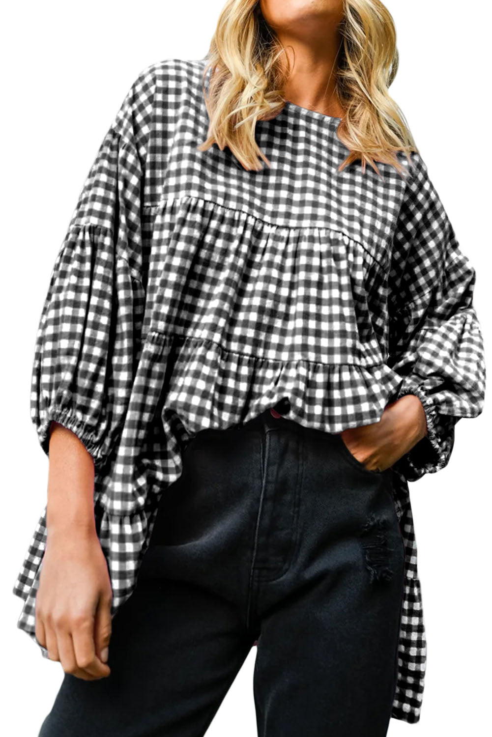 Checkered Puff Sleeve Tiered Loose Babydoll Blouse