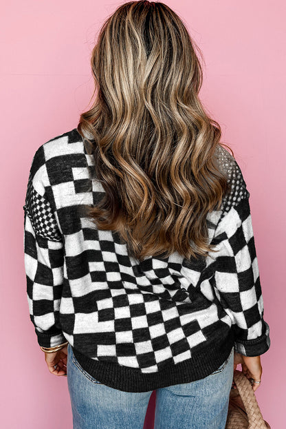 Checkered Print Drop Shoulder Round Neck Sweater