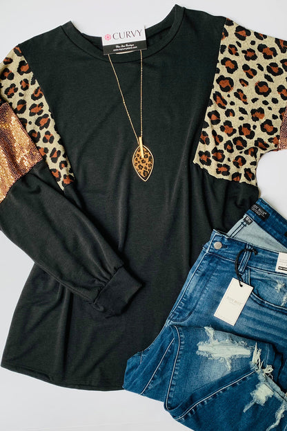 Leopard Sequin Patch Plus Size Long Sleeve Top