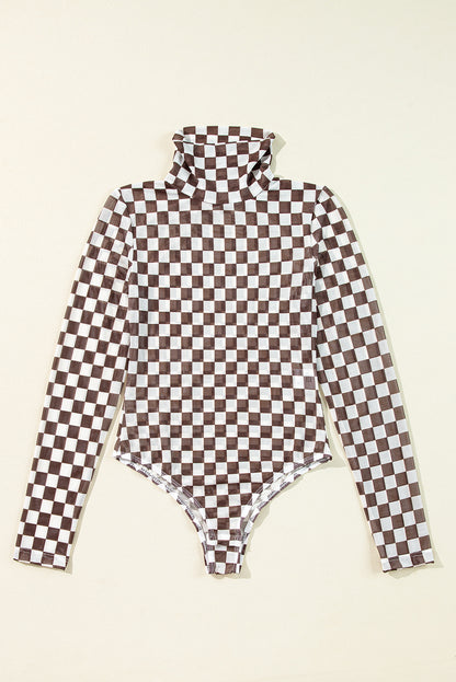 Checkered Printed Long Sleeve High Neck Bodysuit