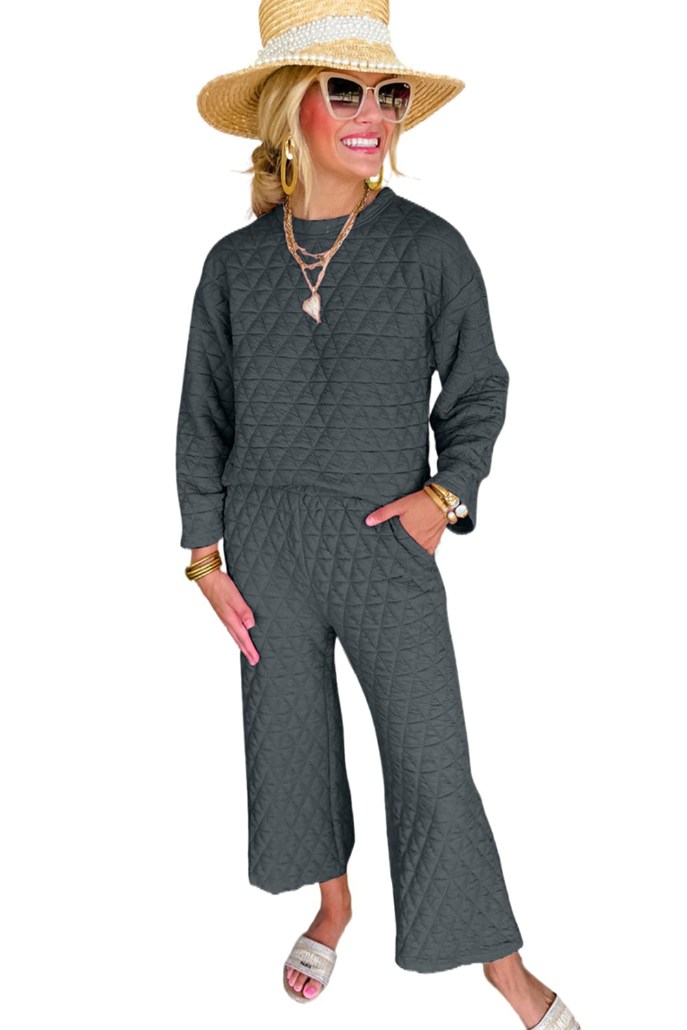 Louisa Solid Quilted Pullover and Pants Outfit