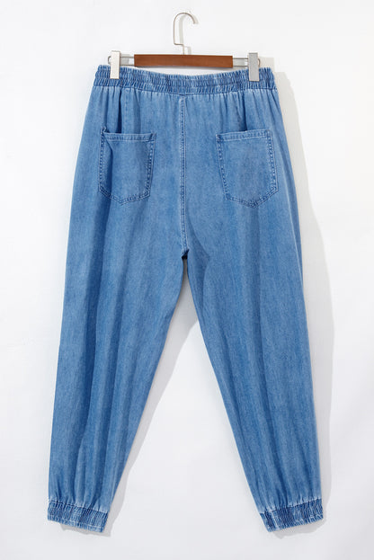 Mary; Drawstring Waist Pocketed Plus Size Denim Joggers