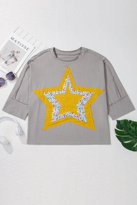 Medium Grey Floral Star Patched Pattern 3/4 Sleeve Plus Size Top