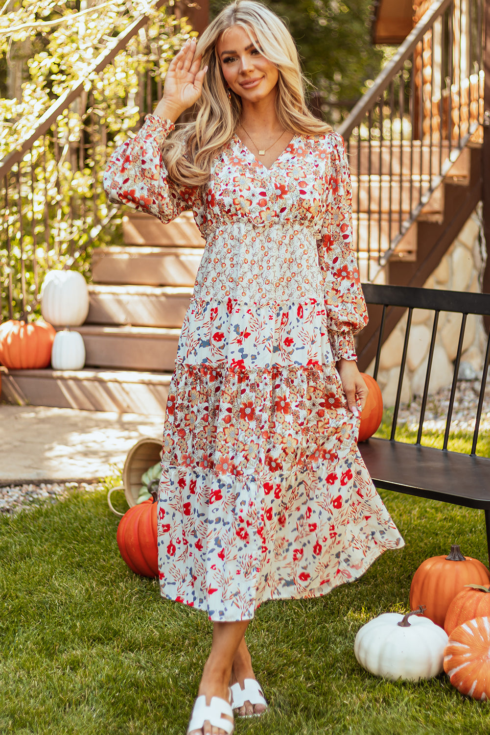 Floral Print Ruffled Tiered Long Sleeve V Neck Midi Dress