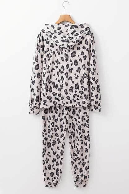 Leopard Print Drawstring Hoodie and Skinny Pants Lounge Set