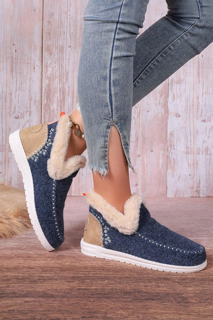 Blue Suede Stitching Patchwork Plush Lined Anklet Boots