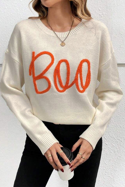 Boo Knitted Pattern Ribbed Edge Drop Shoulder Sweater