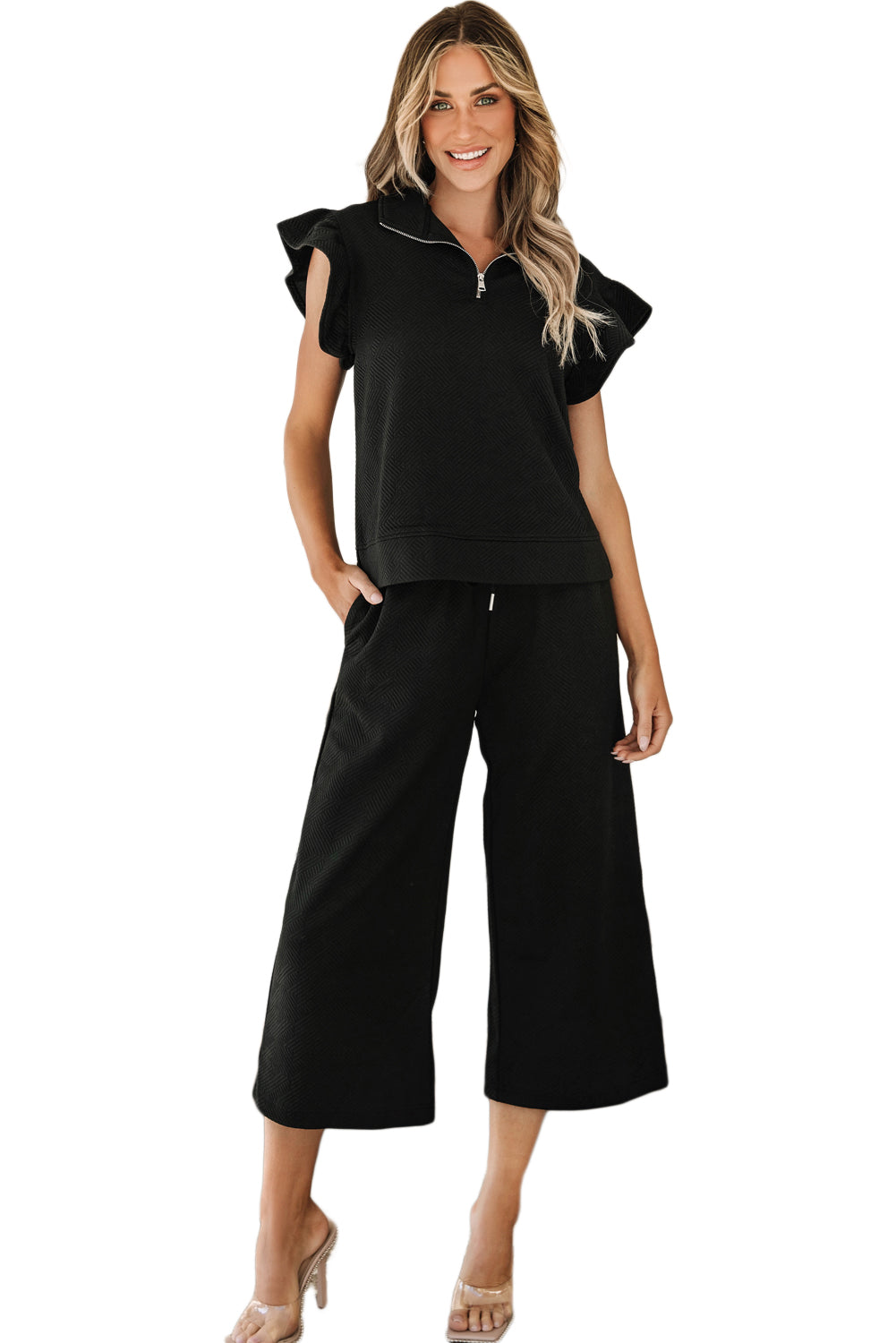 Textured Flutter Sleeve Top Wide Leg Pants Set