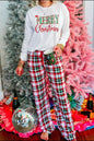 MERRY CHRISTMAS Round Neck Top and Plaid Pants Set