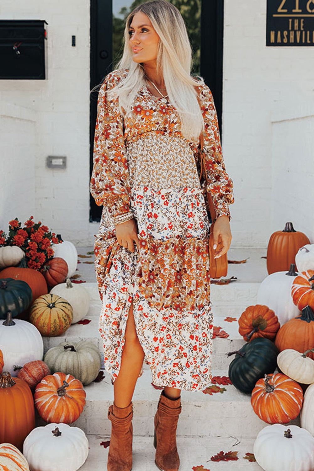 Floral Print Ruffled Tiered Long Sleeve V Neck Midi Dress