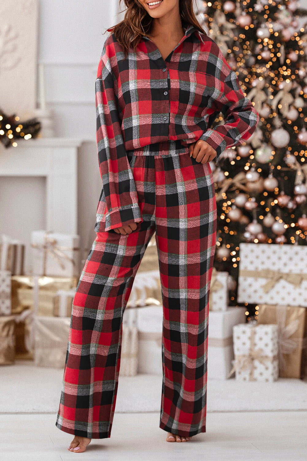 Red Christmas Checkered Pattern Loose Shirt and Pants Lounge Set