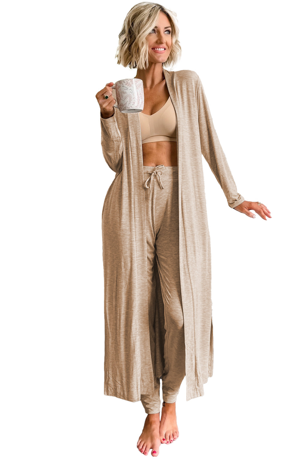 Parchment Split Long Cardigan and Skinny Pants Lounge Set