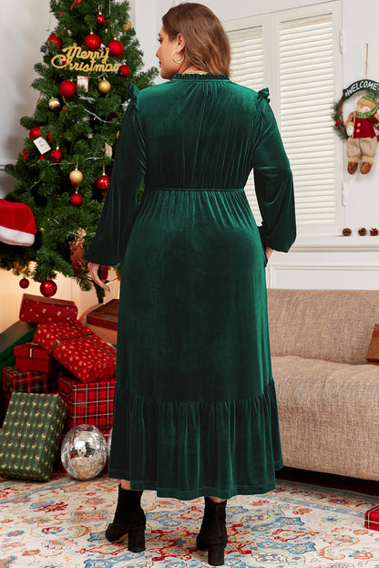 EverGreen Velvet Frilled up Neck Ruffled High Waist Plus Size Midi Dress