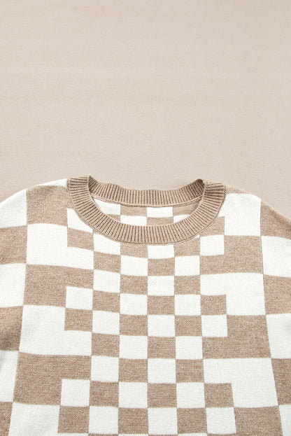 Checkered Print Drop Shoulder Round Neck Sweater