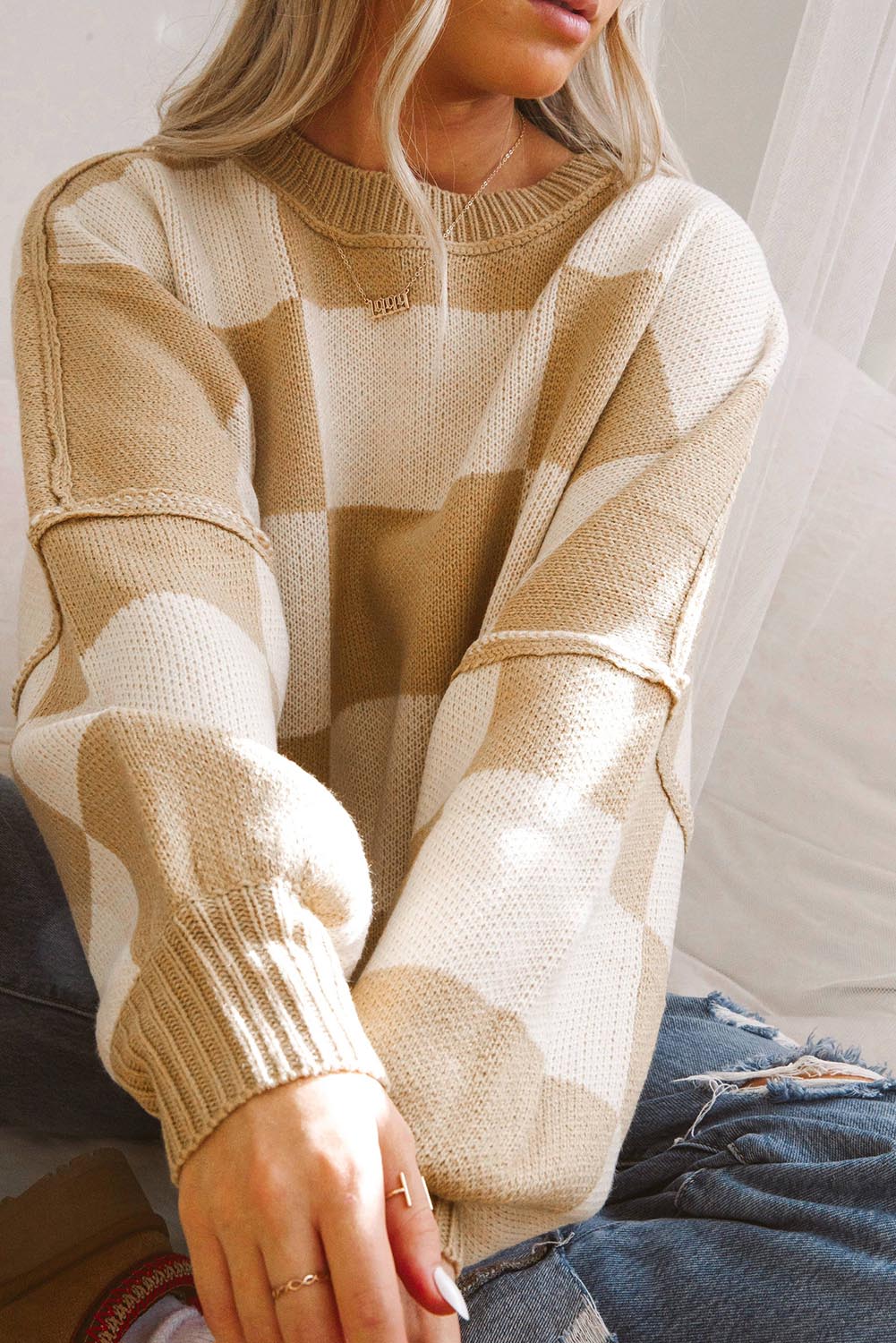 Khaki Checkered Bishop Sleeve Sweater