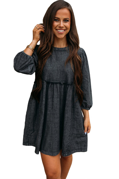 Balloon Sleeve High Waist Denim Dress