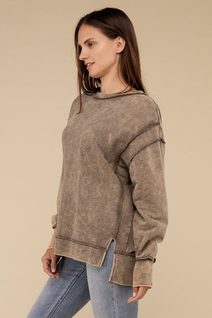 Zenana Acid Wash French Terry Exposed-Seam Sweatshirt