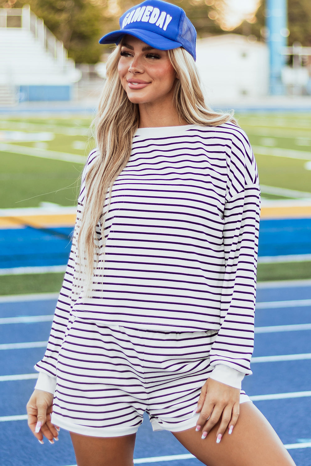 Stripe Textured 3/4 Sleeve Top and Shorts Set