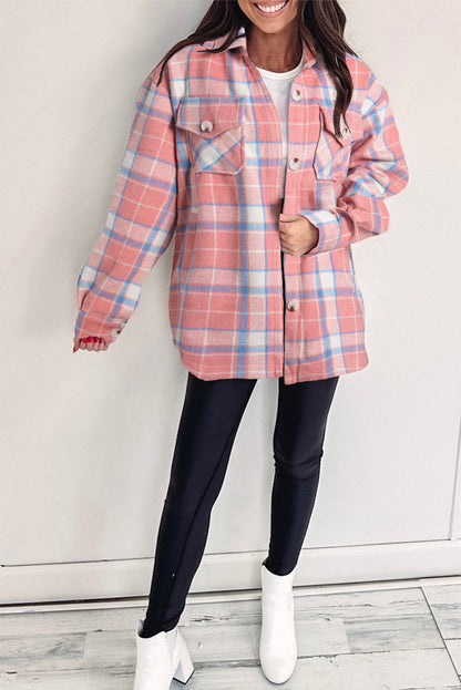 Pink Plaid Flap Pocket Button Up Shacket