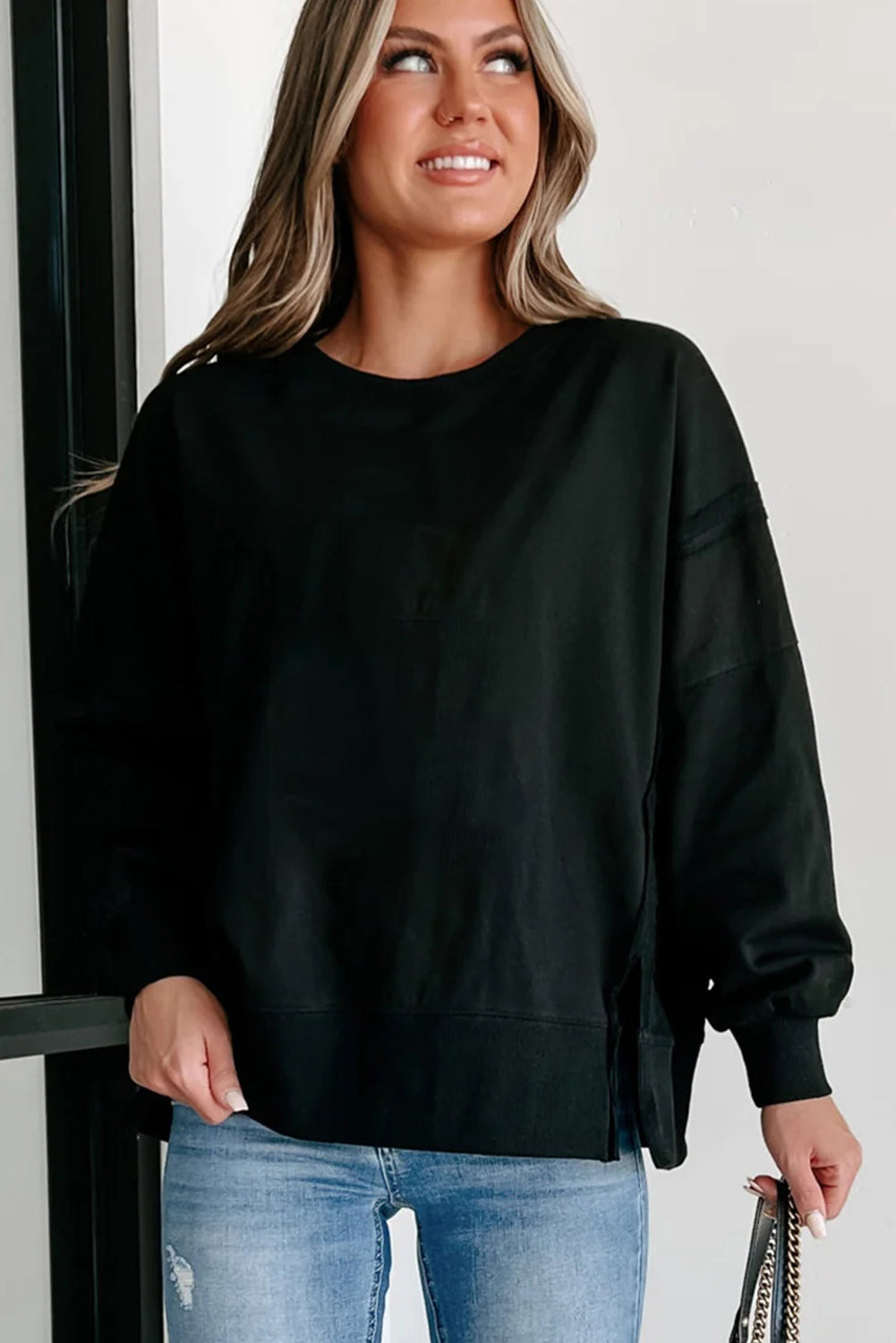 Exposed Seam Drop Shoulder Round Neck Sweatshirt with Slits