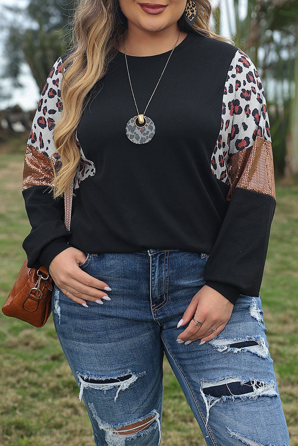 Leopard Sequin Patch Plus Size Long Sleeve Top