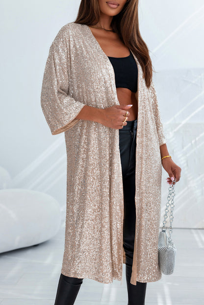 Sequin 3/4 Sleeve Open Front Duster Kimono