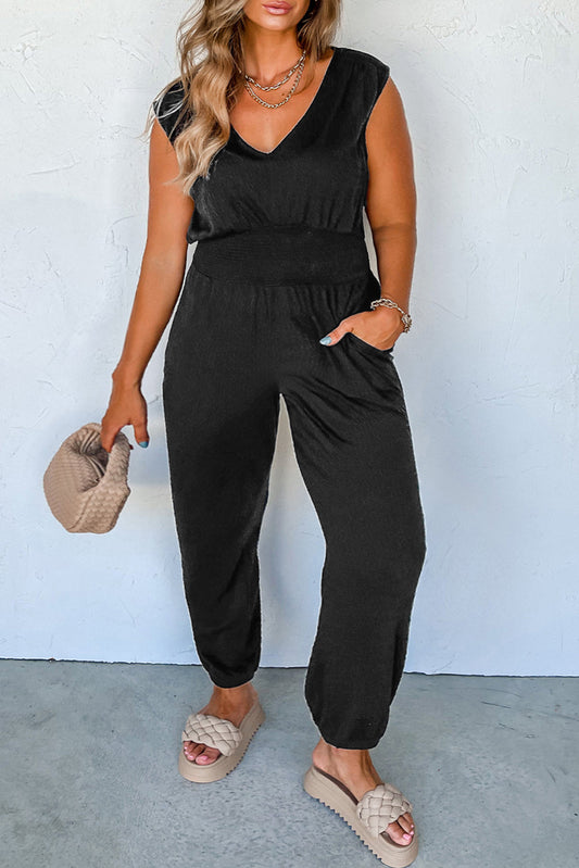 Smocked High Waist Sleeveless V Neck Jumpsuit