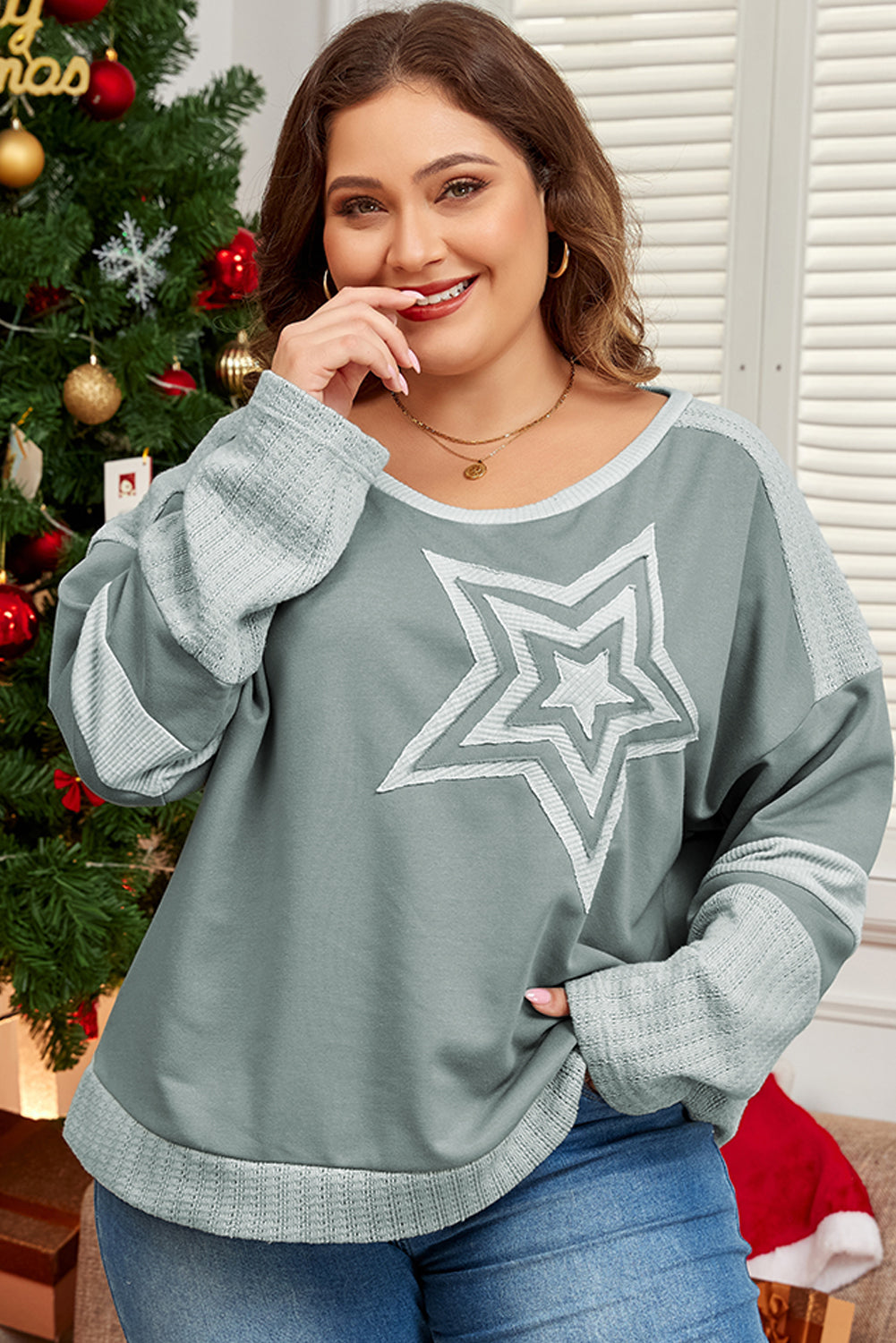 Mist Green Stars Patchwork Round Neck Plus Size T Shirt