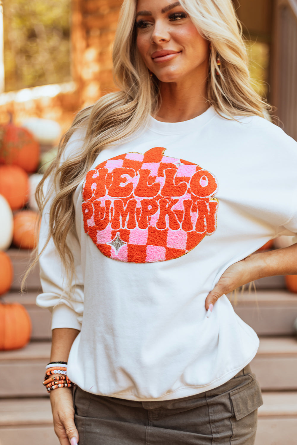 Terry Halloween Pumpkin Patched Pattern Pullover Sweatshirt