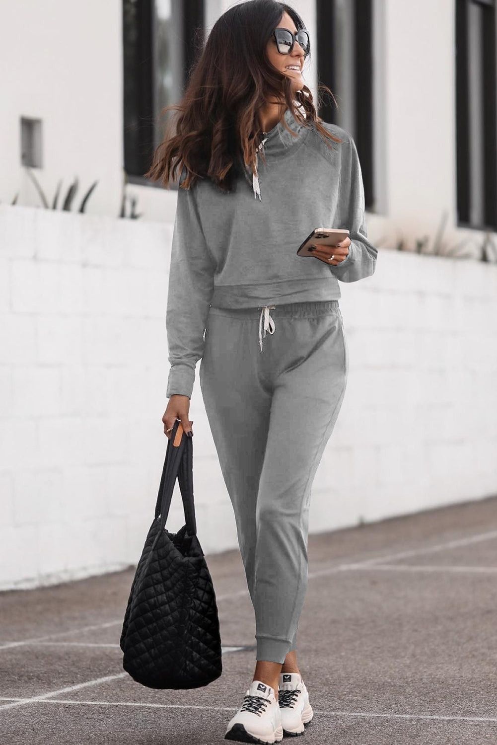 Drawstring Hoodie and High Waist Pants Lounge Set